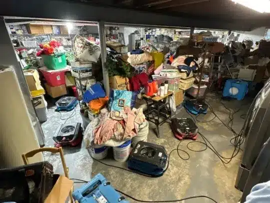 Basement with water damage and drying equipment.