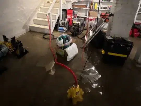 Pump removing water from flooded basement.