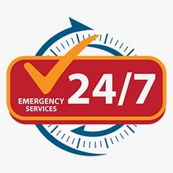 24/7 emergency services badge with checkmark and clock.