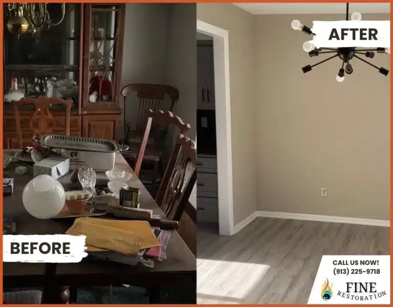 Before and after water damage restoration in Kansas City – Flooded basement fully restored.
