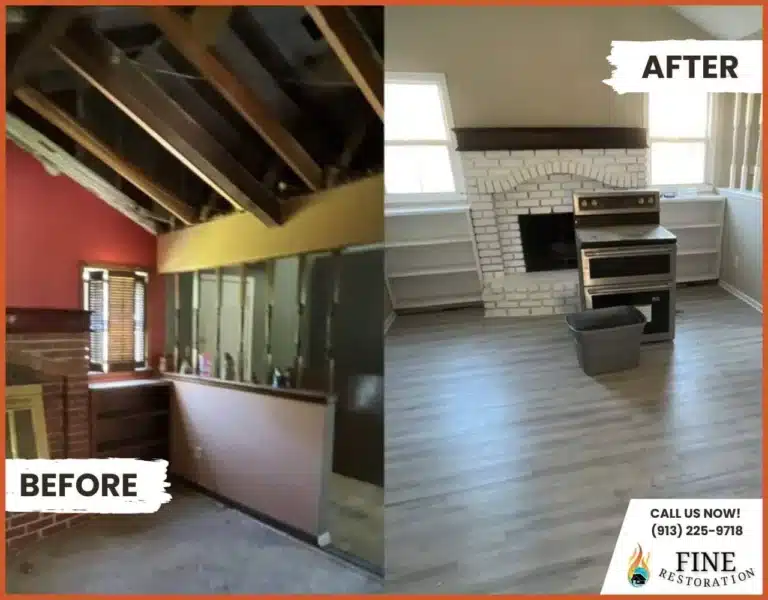 Before and after fire damage restoration – Kansas City home rebuilt with new flooring, walls, and fireplace.