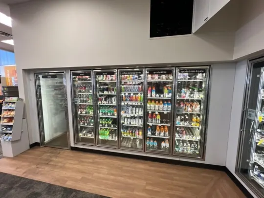 Refrigerators in a store.