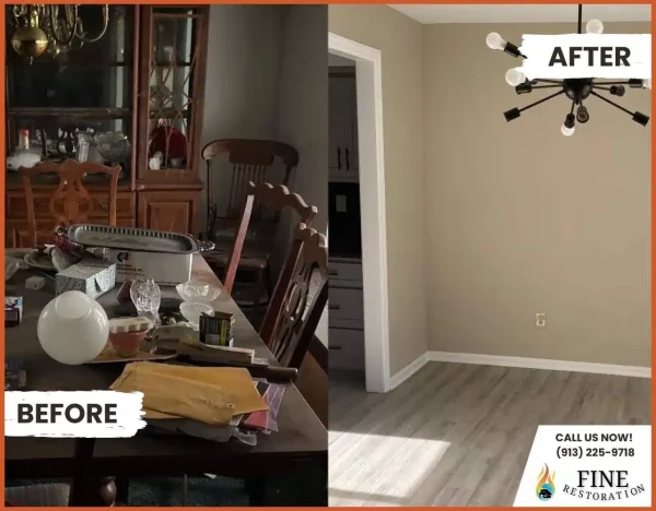 Before and after water damage restoration in Kansas City – Flooded basement fully restored.