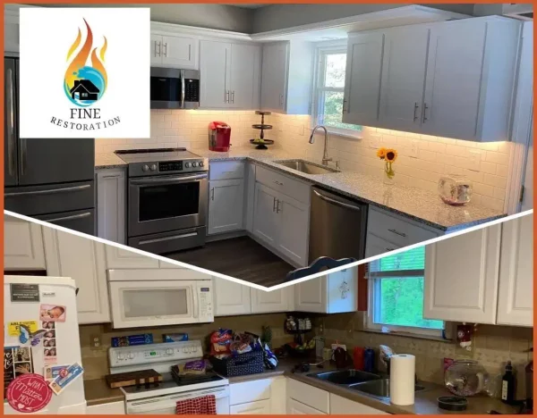 Before and after kitchen restoration – Kansas City home upgraded with new cabinets, countertops, and modern finishes.